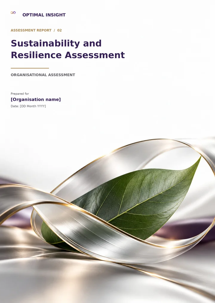 Sustainability and Resilience Assessment assessment report cover, with its own themed artwork and editable name and date placeholders