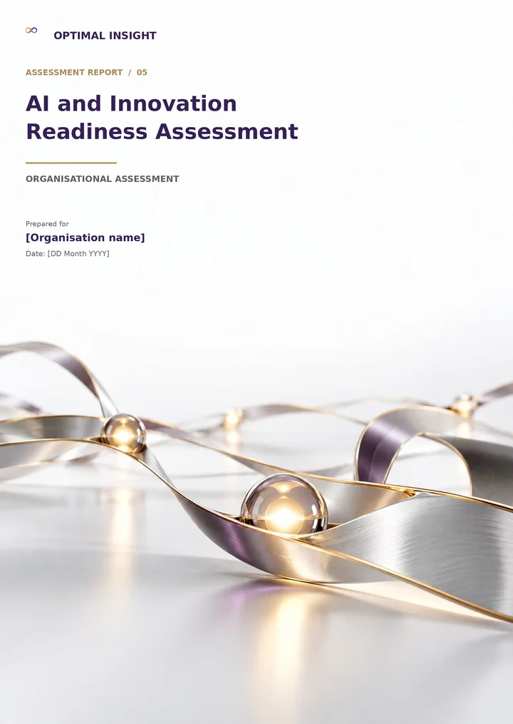 AI and Innovation Readiness Assessment assessment report cover, with its own themed artwork and editable name and date placeholders
