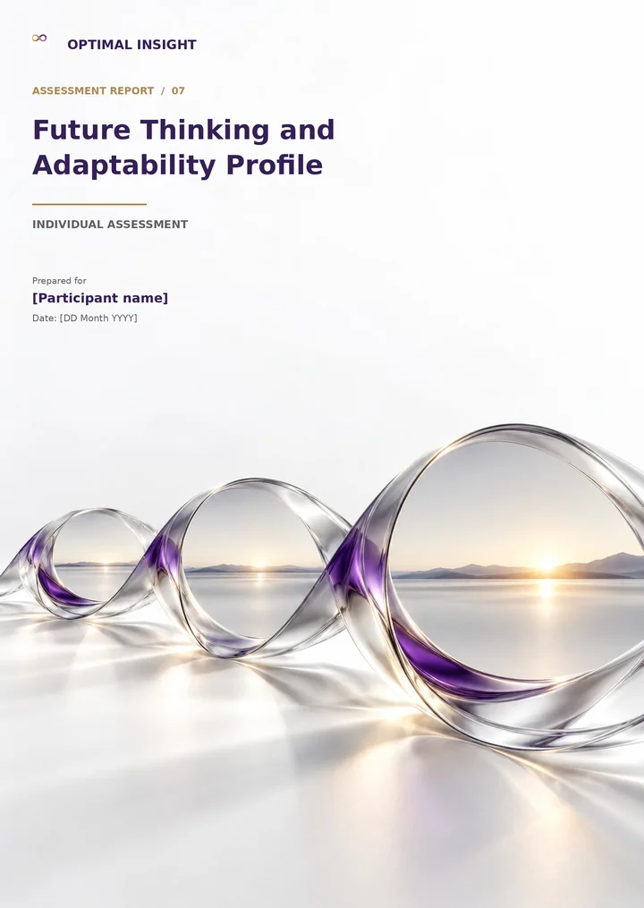 Future Thinking and Adaptability Profile assessment report cover, with its own themed artwork and editable name and date placeholders